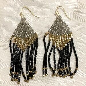 Boho Bead Southwestern Western Dangle Tassel Earrings Black Clear Gold Beads